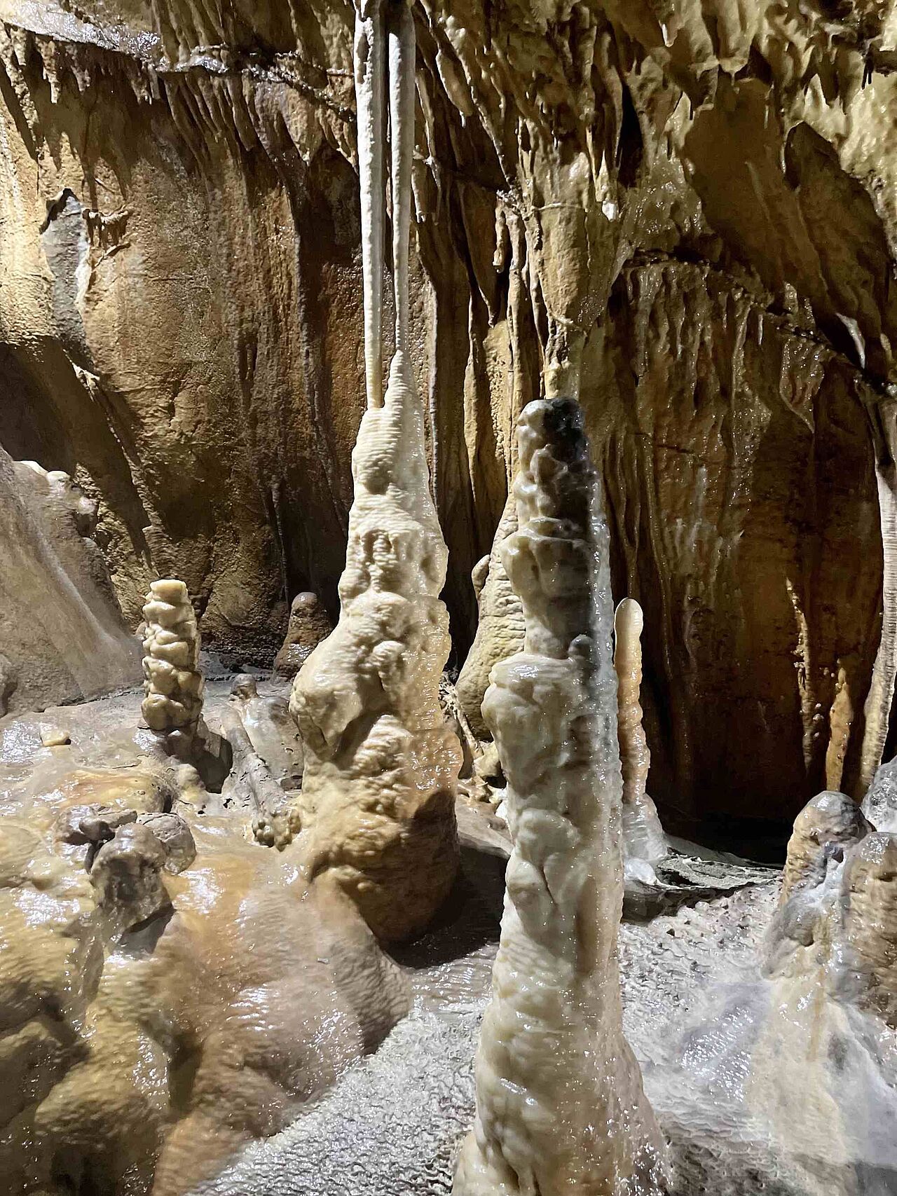 Zusammgenwachsene Stalagmiten und Stalagtiten werden als Stalagnat bezeichnet